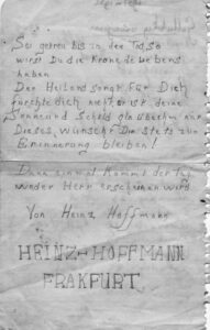 Briefje Heinz Hoffmann aan gezin Reitsma